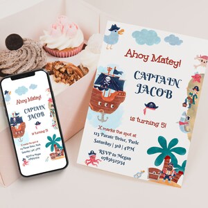 Pirates Party Invite, Ahoy Mates Birthday Party Invitation Template, Editable Invite, Pirate Treasure Party Invite, First Birthday Party
