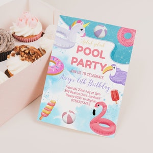 Pool Party Invite, Summer Garden Birthday Party Invitation Template, Editable Invite, Modern Party Invite, Pool Birthday Party image 1