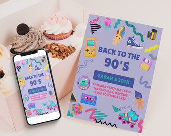 90's 30th Party Invite, Nostalgic Birthday Party Invitation Template, Editable Invite, Modern Party Invite, Nineties Birthday Party