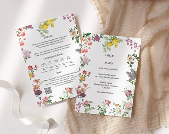 Wildflower Wedding Invitation, Floral Invite, Delicate Flowers Wedding Invitation Template, DIY Wedding Invite, QR Code RSVP