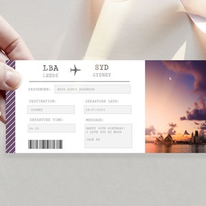 Billet cadeau de carte d'embarquement modifiable de Sydney, révélation de cadeau surprise, révélation de voyage surprise, bon de modèle modifiable, révélation de cadeau d'anniversaire