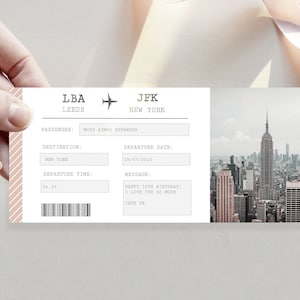 Billet cadeau de carte d'embarquement modifiable à New York, révélation de cadeau surprise, révélation de voyage surprise, bon de modèle modifiable, révélation de cadeau d'anniversaire