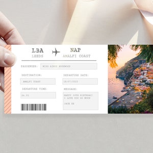 Billet cadeau de carte d'embarquement modifiable sur la côte amalfitaine, révélation de cadeau surprise, voyage surprise en Italie, bon de modèle modifiable, révélation d'anniversaire