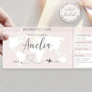 Billet cadeau de carte d'embarquement modifiable, révélation de cadeau surprise de Noël, révélation de voyage surprise, bon de modèle modifiable, révélation de cadeau d'anniversaire