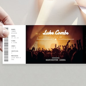 Bilhete de presente de concerto editável, ingresso de evento, revelação de presente surpresa, revelação de show surpresa, voucher de modelo editável, revelação de presente de aniversário