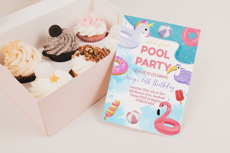 Pool Party Invite, Summer Garden Birthday Party Invitation Template, Editable Invite, Modern Party Invite, Pool Birthday Party image 1