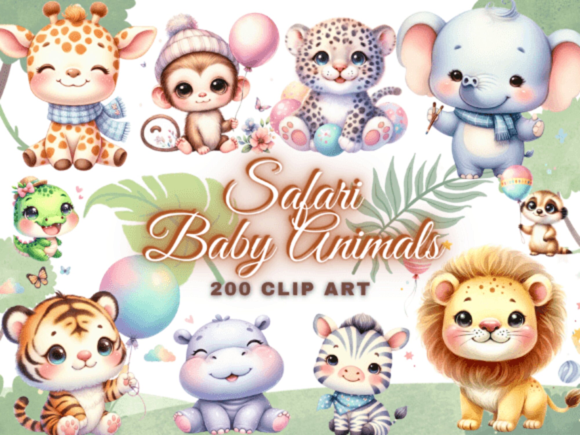 200 Cute Baby Safari Animals Clip Art PNG, Cute Jungle Animals Clip Art ...