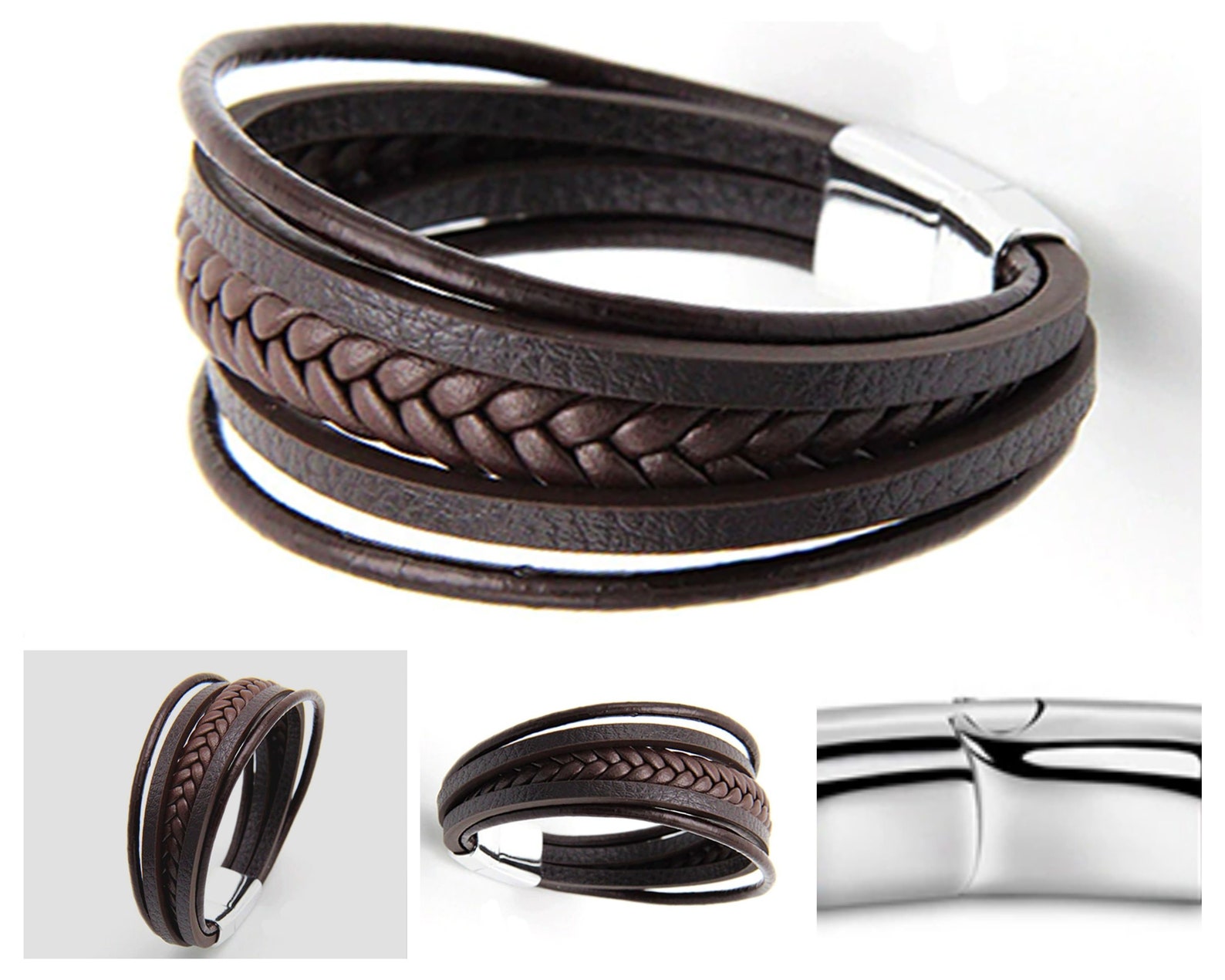 Mens Leather Handmade Bracelet Braided Wristband Clasp Genuine Etsy