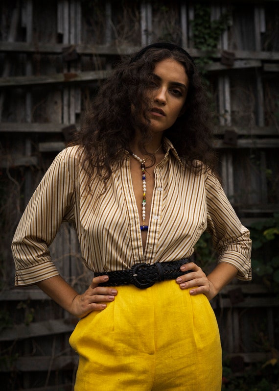 Este Vintage Striped Button Up Blouse