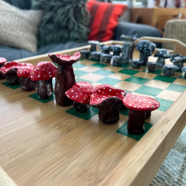 Handmade Mushroom Chess Set with Foldable Table