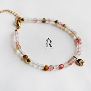 Natural Pink Agate 6mm Beads Bracelet with Love Gold Charm, Elegant Jewelry Gift for Her