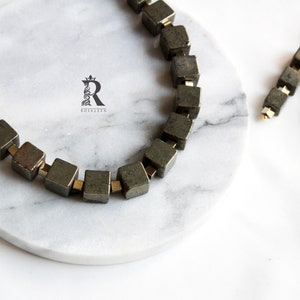 Pyrite Square Beads Jewelry Set, Handmade Cube Necklace & Earrings, Unique Bridesmaid Gift, Pyrite Statement Jewelry Set