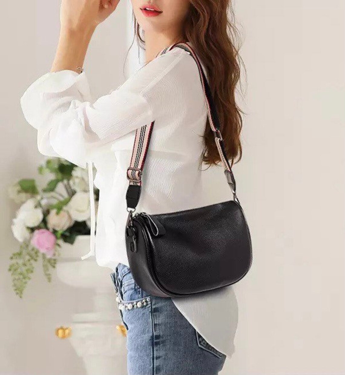 Leather crossbody bag with guitar strap Crossbody tote Small Etsy