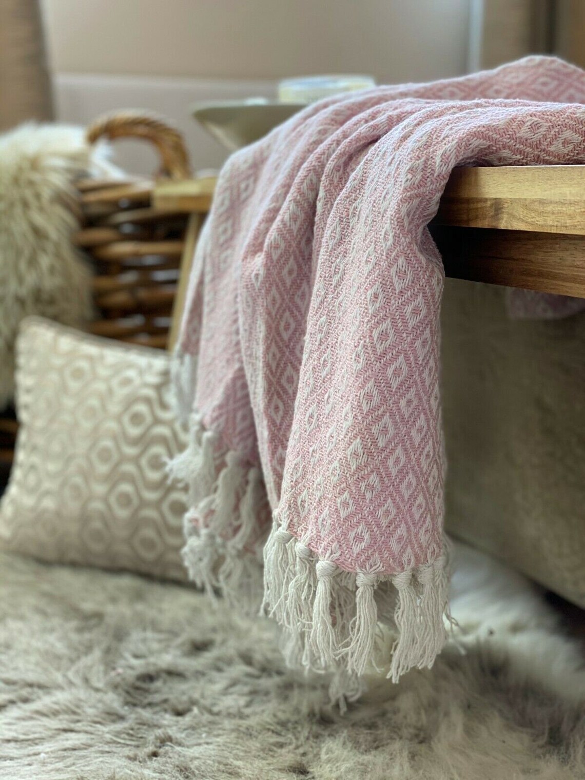Large 100 Recycled Cotton Pink Throw Blanket Bohemian Sofa Etsy