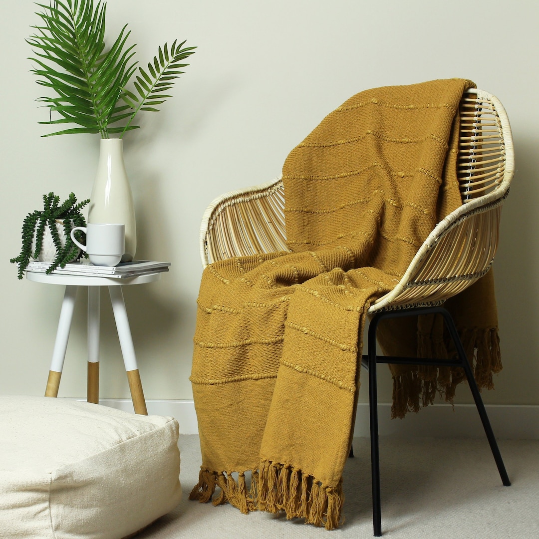 Large Scandi Boho Tufted Mustard Throw Blanket Bohemian Sofa Etsy UK