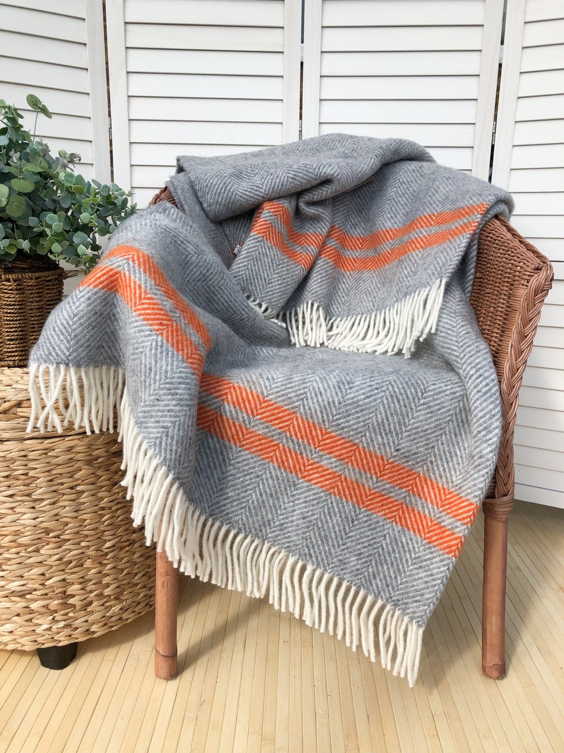 Grey Wool Blanket Grey Wool Throw 100 Pure New Wool Orange 2 Etsy