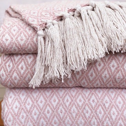 Large 100 Recycled Cotton Pink Throw Blanket Bohemian Sofa Etsy UK