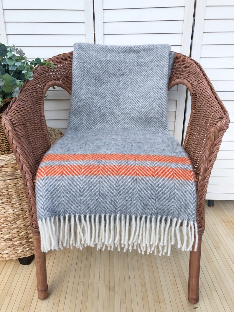 Grey Wool Blanket Grey Wool Throw 100 Pure New Wool Orange 2 Etsy