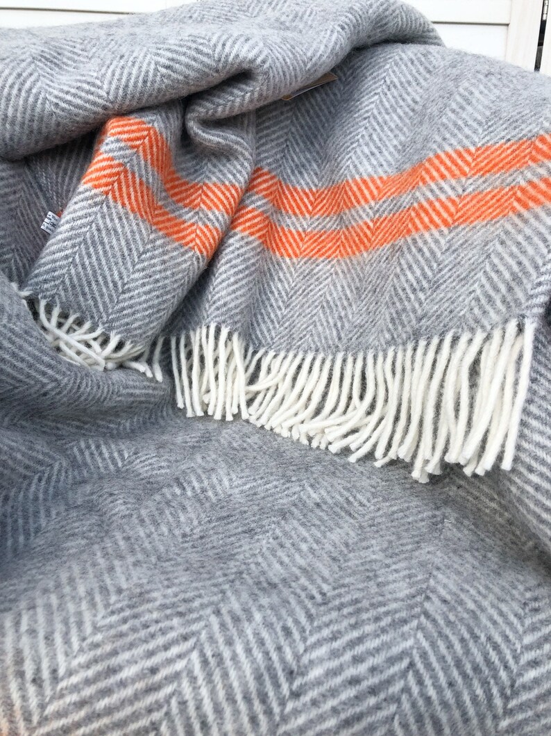 Grey Wool Blanket Grey Wool Throw 100 Pure New Wool Orange 2 Etsy