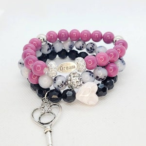 Bracelets Pink, Black & White Beaded Bracelet Set of 3 Stackable