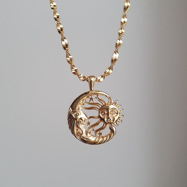 Sun and Moon Vintage Style Celestial Yin Yang Celestial Zodiac Mystic Charm Dainty 18k Gold Plated Necklace, Birthday Gift, Gift for her