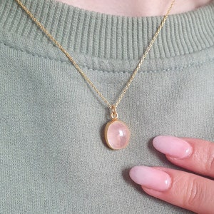 Rose Quartz Dainty Necklace, Pink Crystal Gemstone Necklace, Minimalist Oval Stone Necklace, Rose Quartz Crystal Jewelry, Gift for her