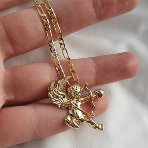 Gold Cupid Pendant Necklace with Arrow and Heart, Romantic Angel Jewelry Gift, Love Themed Necklace for Valentine’s Day or Anniversary