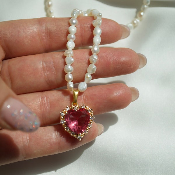 Ruby Pink Heart Necklace, Pearl Beaded Necklace, Crystal Dainty Necklace, Pearl Heart Charm Jewelry, Princess Necklace, Graduation Gift