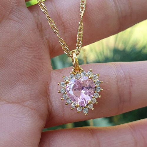 Pink Heart Crystal Charm Dainty 18k Gold Plated Pendant Etsy