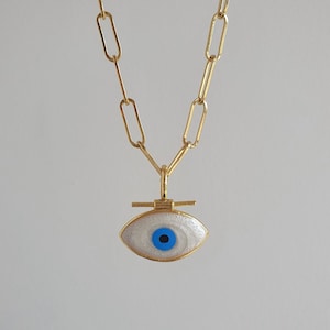 Gold Evil Eye Necklace with Chunky Paperclip Chain, Blue Enamel Nazar Amulet Jewelry, Trendy Gold Plated Talisman Pendant Gift for her