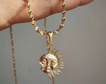 Sun & Full Moon Vintage Style Yin Yang Celestial 18k Gold Plated Pendant Charm Dainty Necklace Jewelry, Gift for her, Best Friend Gift