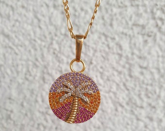Colorful Palm Tree Coin Pave Stone Charm 18k Gold Plated Dainty Tropical Boho Necklace, Colorful Gold Plated Botanical Jewelry, Gift for her