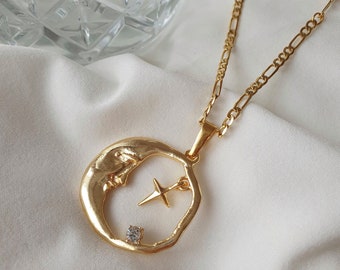 New Moon & North Star Celestial Lunar Face Sky Dainty 18k Gold Plated Charm Pendant Minimalist Necklace Jewelry, Gift for her, Birthday Gift