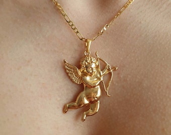 18k Gold Plated Baby Angel Cherubim Arrow Heart Eros Charm Dainty Minimalist Cute Necklace Jewelry, Gift for her, Anniversary Gift