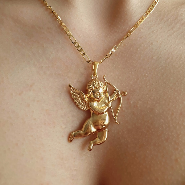 18k Gold Plated Baby Angel Cherubim Arrow Heart Eros Charm Dainty Minimalist Cute Necklace Jewelry, Gift for her, Anniversary Gift