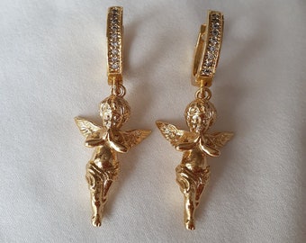 18k Gold Plated Cherubim Baby Angel Charm Dainty Hoop Dangle Minimalist Earrings Jewelry, Gift for her, Bridesmaid Gift, Birthday Gift