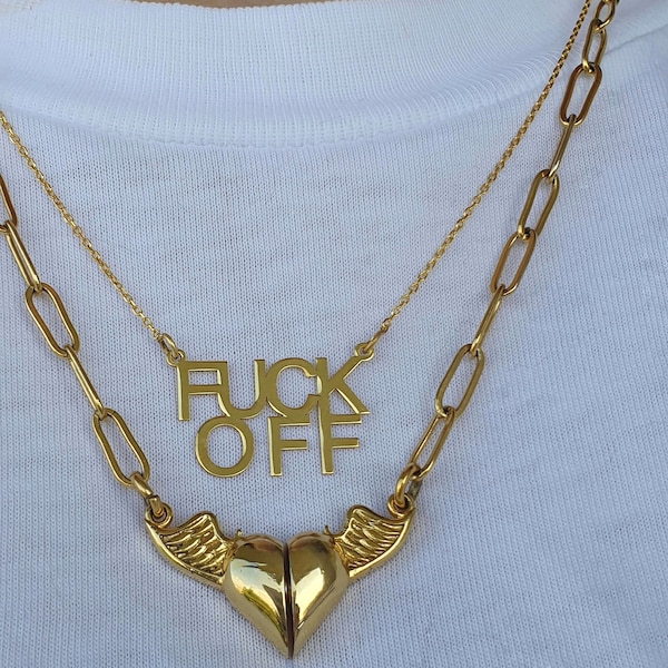 925 Sterling Silver Fuck Off Slogan Word İnitial Personalized Motto Funny Catchword 18k Gold Plated Minimalist Dainty Necklace, Gift for her