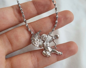 Silver Cherub Necklace , Cherubim Necklace , Angel Necklace , Baby Angel Necklace , Dainty Necklace , Eros Necklace , Arrow Necklace