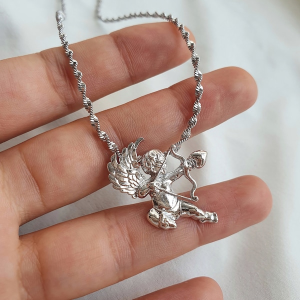 Silver Cherub Necklace , Cherubim Necklace , Angel Necklace , Baby Angel Necklace , Dainty Necklace , Eros Necklace , Arrow Necklace