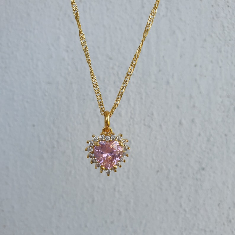 Pink Heart Crystal Necklace Heart Charm Pendant Gold Dainty Etsy