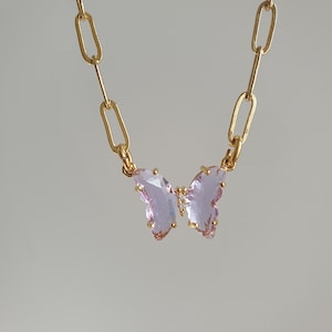 Lilac Crystal Butterfly Dainty 18k Gold Plated Minimalist Charm Pendant Necklace Jewelry, Gift for her, Bridesmaid Gift