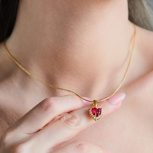 Red Crystal Heart Necklace, Romantic Heart Charm Necklace, Gold Dainty Necklace with Snake Chain,Gift for her, Christmas Gift for her