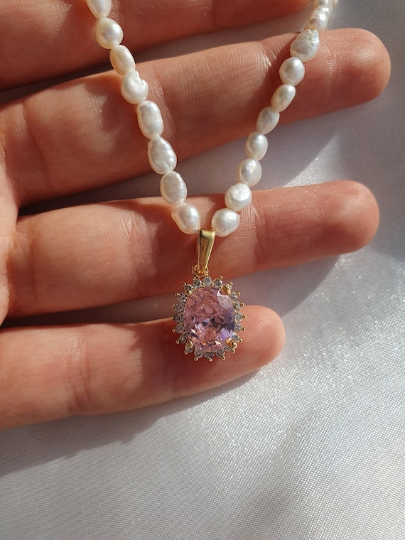 Pearl Lilac Crystal Necklace, Beaded Dainty Necklace, Pearl Gemstone  Jewelry, Pearl Accessories for Women, Princess Necklace, Gift for Her 