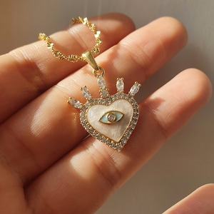 Gold Evil Eye Heart Pendant Necklace with Crystals, Dainty Protection Jewelry, Unique Heart Eye Amulet Necklace, Handmade Gift for Her