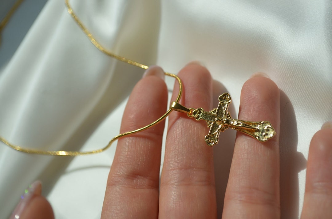 Dainty Jesus Cross Necklace, Christian Religious Charm Necklace, 18k Gold Plated Cross Necklace