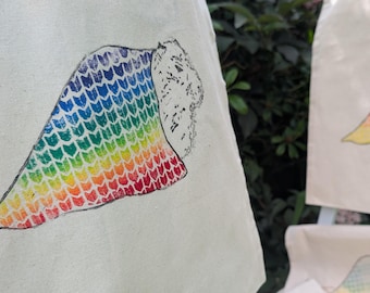 Rainbow Knitty-bara Capybara Tote - Hand printed organic cotton tote bag