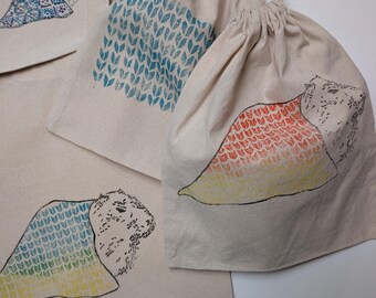 Drawstring bag - Hand printed organic cotton project bag