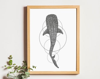 TIBURÓN BALLENA Impresión de arte - Ilustración del océano - Edición LIMITADA - regalo para amantes del océano y buceadores