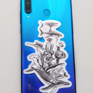 STICKER OCEAN WORLD - Sticker baleine, requins, tortue pour ordinateur portable - Résistant à l'eau et aux UV - Illustration de biologie marine - pour les amoureux de l'océan