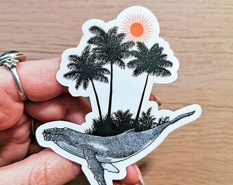 STICKER ZOMERWALVIS - bultrug met palmbomen - mariene biologie illustratie - voor oceaanliefhebbers en duikers